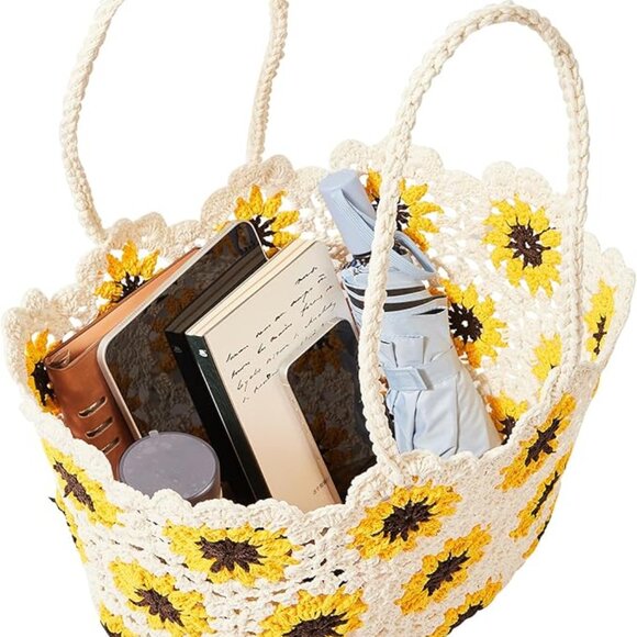 Neiman Marcus White Floral Sunflower Knitted Beach Straw Tote Bag - Picture 4 of 6